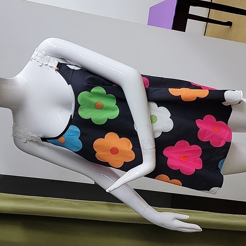 Shein Curve Funky Fun Multi-Color Floral Printed Flower Lace Tank Top Straps 3X